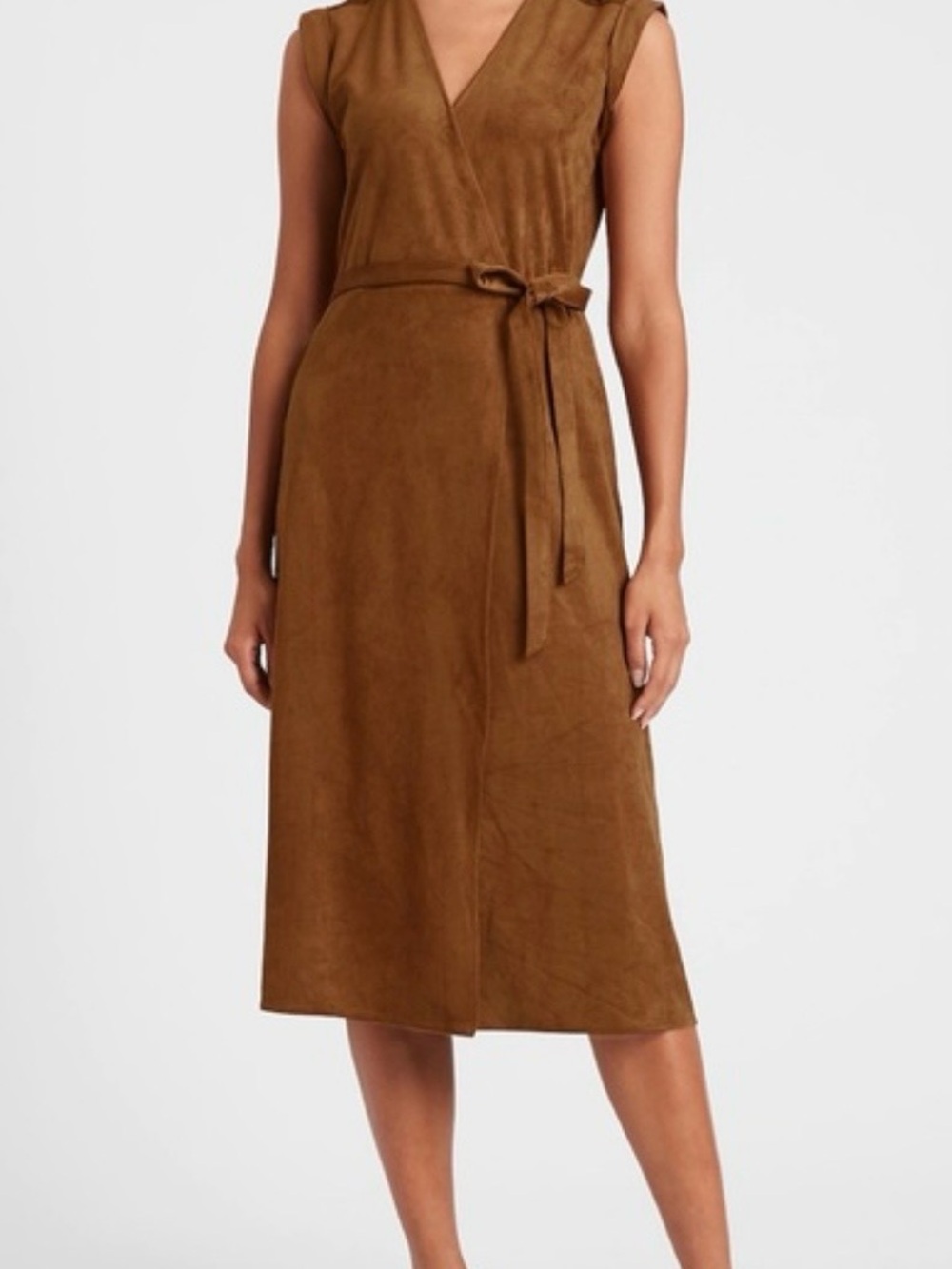 Banana Republic Suede-Effect Wrap Midi Dress in Cognac NWT